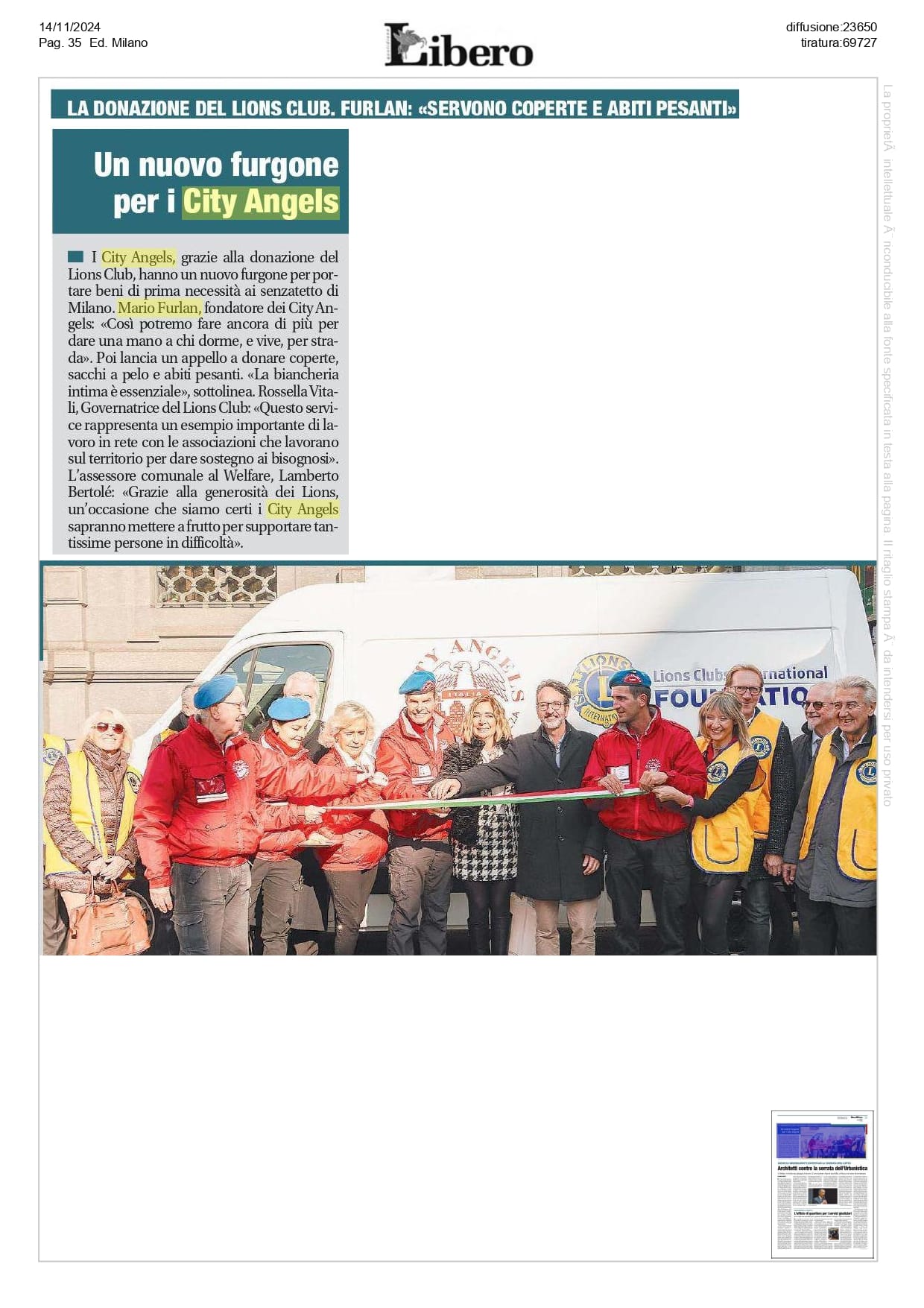 Un nuovo furgone per i City Angels donato dal Lions Club