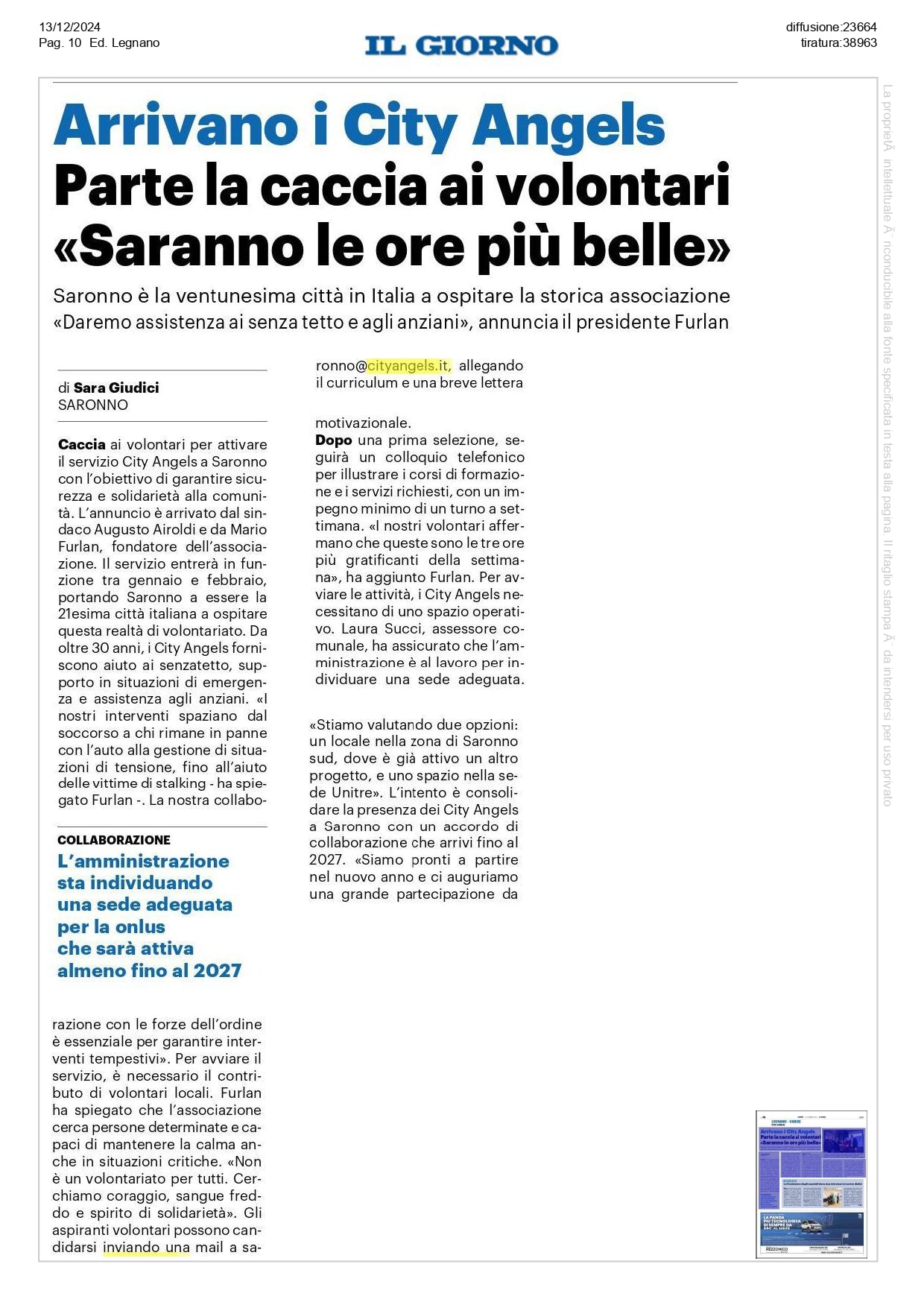 Arrivano i City Angels Saronno e parte la caccia ai volontari